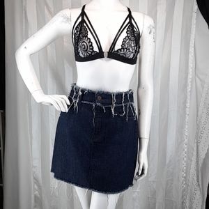 - 7 FAM Denim Distressed Raw Hem Mid Length Skirt